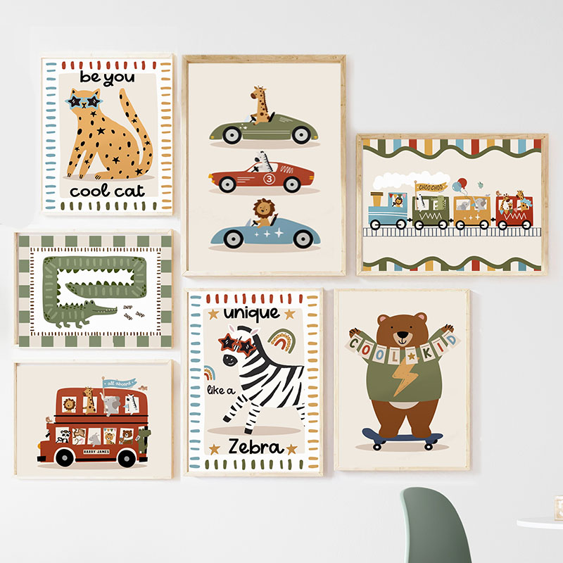 Baby Nursery Paintings - Zabawne Kreskówkowe Zwierzęta Samochód Autobus Obraz