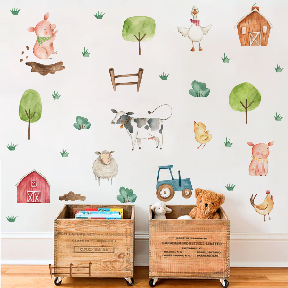 Baby Nursery Package - Boho Watercolor Cute Farm Animals Pig