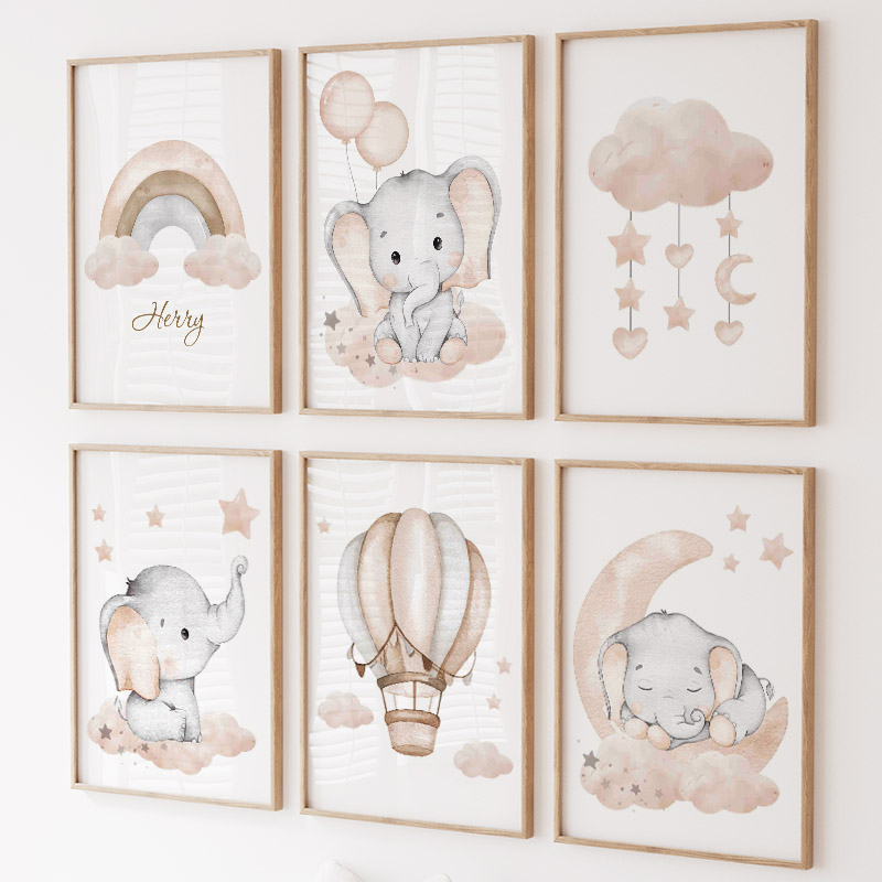 Baby Nursery Paintings - Cute Elephant Hot Balloon Moon Rainbow