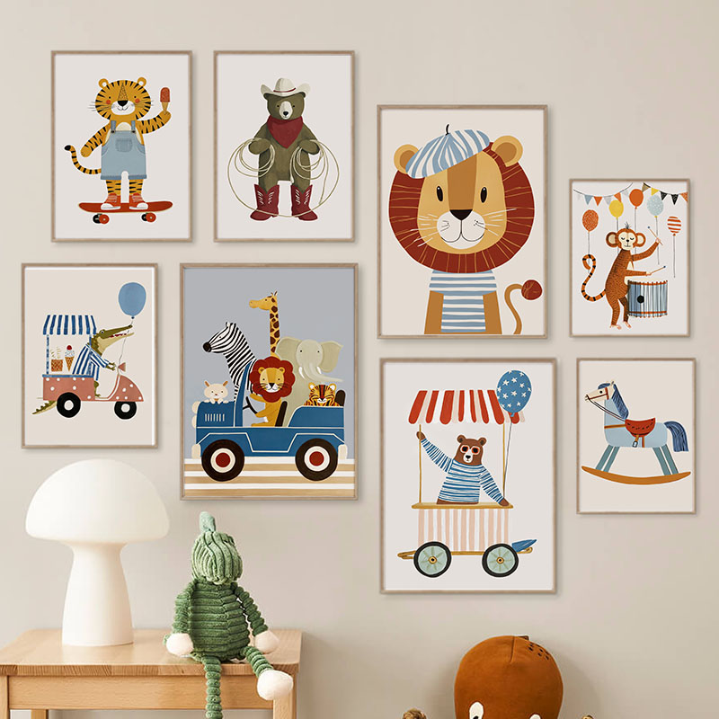Baby Nursery Paintings - Zabawne Kreskówkowe Zwierzęta Samochód Balon Sztuka